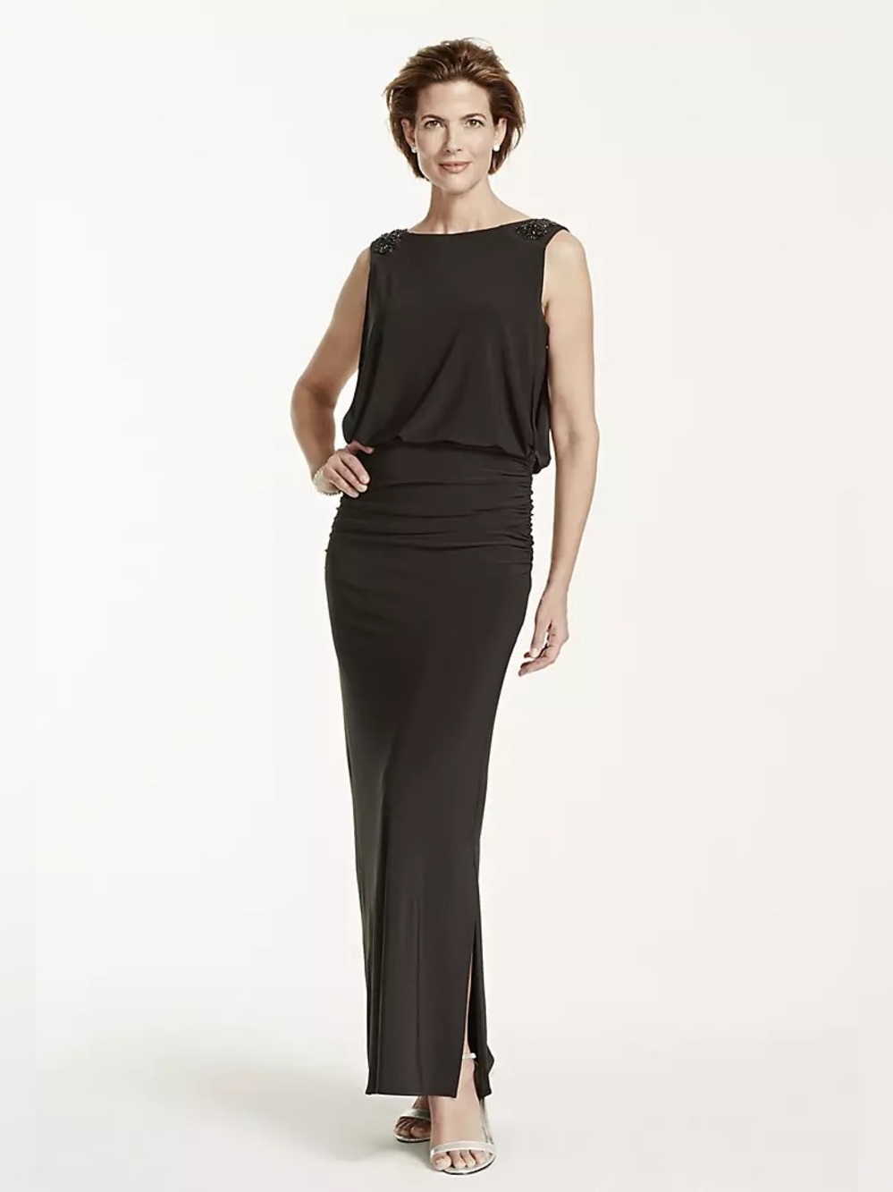 NWT NW Nightway Beaded Shoulders Ruched Black Dress Gown Size 10